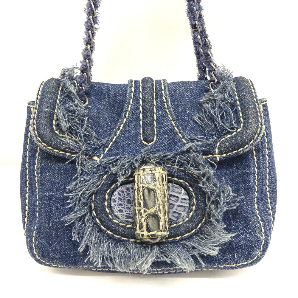 Prada Denim Fringe Shoulder Bag Chain Blue